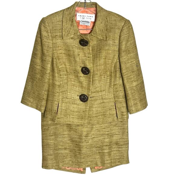 Vintage Trina Turk Skirt 10 Jacket 8 Suit 100% Silk Textured Old Money USA Gold - Picture 1 of 15